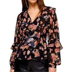 💟 2/$20 TopShop Black & Pink Floral Ruffle Blouse Size 12